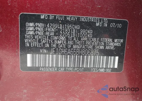 2011 Subaru Impreza 2.5I from USA, damaged, VIN JF1GH6A65BH806875